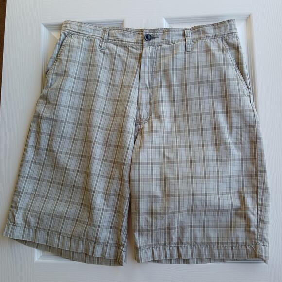 Reunion Herb Tan Plaid Cotton Shorts Men's 36 chino bermuda EUC casual pockets - Picture 1 of 12